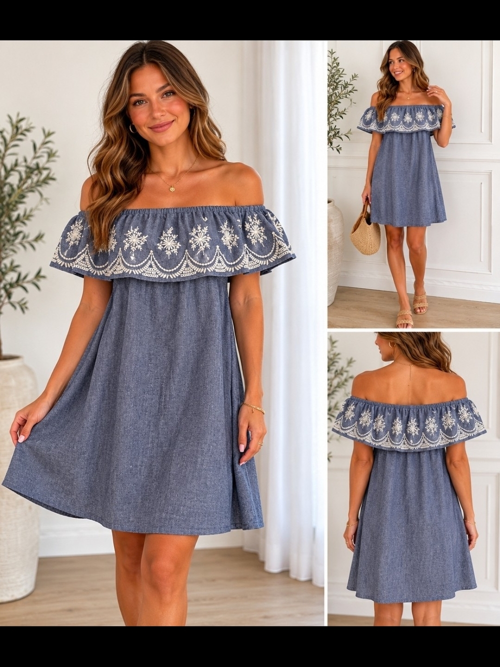 World Market Off-Shoulder Solid Dress Blue/White Embroidered Ruffle Elastic L/XL